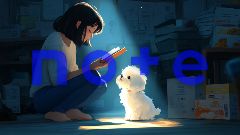 本を読む女の子と足元で見上げる白いマルチーズの子犬。「note」のロゴが重なる、マルチーズ専門ブリーダーが「書くこと」への想いを綴る記事のアイキャッチ画像。