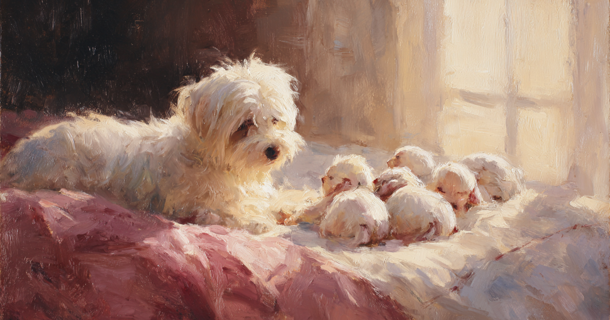 ピンクの布の上で、生まれたばかりのマルチーズの子犬たちを愛情深く見守る母犬の油絵。京都のブリーダーより、新しい家族を募集するお知らせのイメージ。