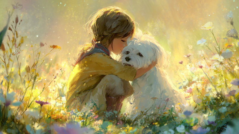 2025年の振り返りと感謝。花畑でマルチーズを抱きしめる少女のイラスト