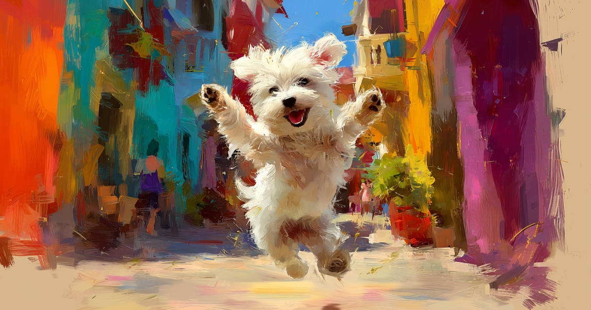 12月19日に出産した母犬ダウラのマルチーズ子犬イメージと、元気に走る成犬の様子