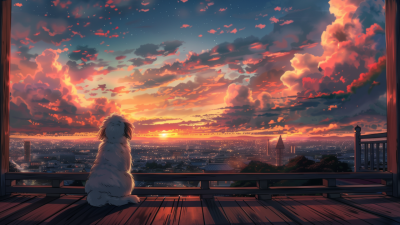 美しい夕暮れのテラスで、広大な都市の夜景を見つめる白いマルチーズの子犬（後ろ姿）。