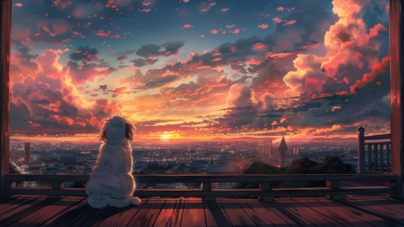 美しい夕暮れのテラスで、広大な都市の夜景を見つめる白いマルチーズの子犬（後ろ姿）。