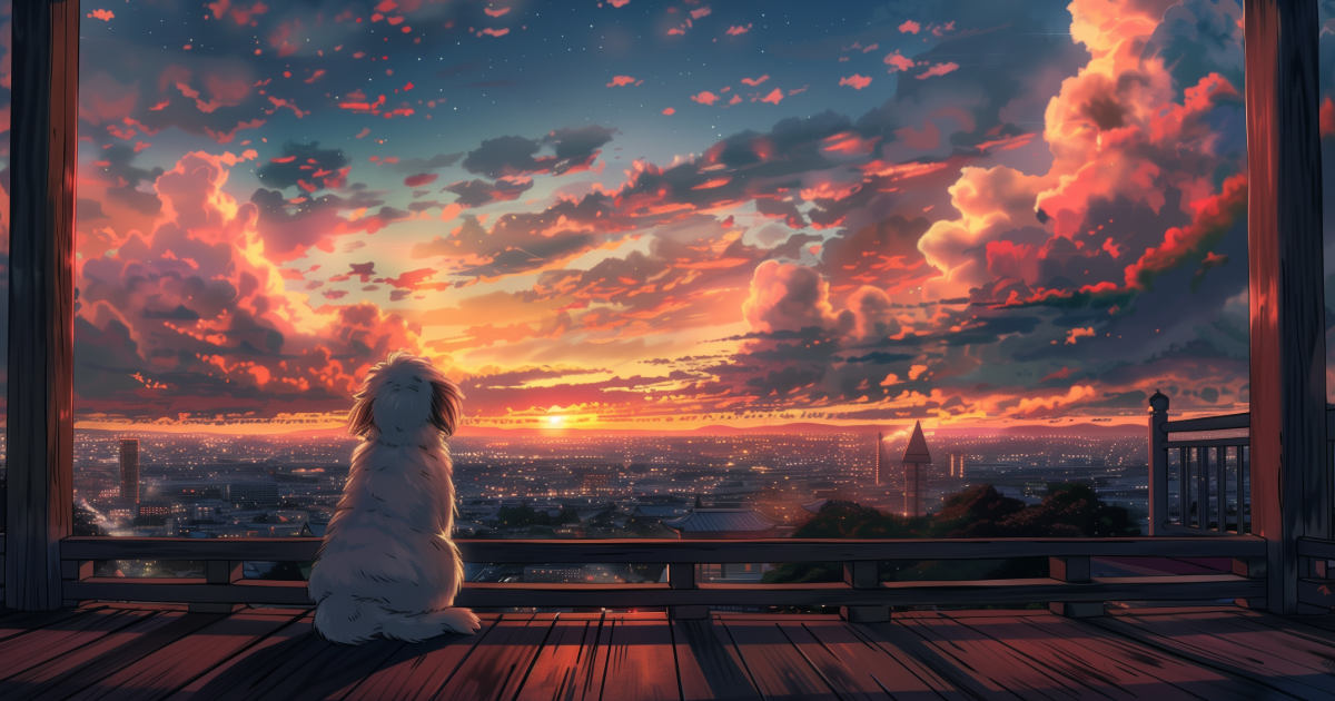 美しい夕暮れのテラスで、広大な都市の夜景を見つめる白いマルチーズの子犬（後ろ姿）。