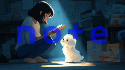 本を読む女の子と足元で見上げる白いマルチーズの子犬。「note」のロゴが重なる、マルチーズ専門ブリーダーが「書くこと」への想いを綴る記事のアイキャッチ画像。