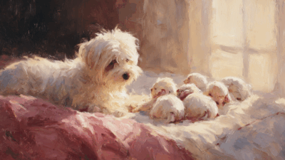 ピンクの布の上で、生まれたばかりのマルチーズの子犬たちを愛情深く見守る母犬の油絵。京都のブリーダーより、新しい家族を募集するお知らせのイメージ。