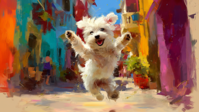 12月19日に出産した母犬ダウラのマルチーズ子犬イメージと、元気に走る成犬の様子